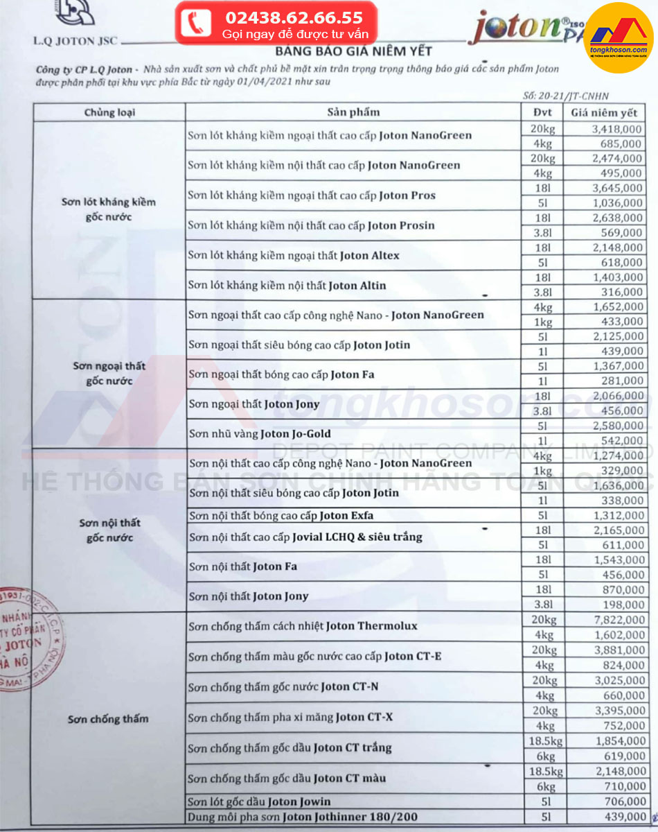 Bảng báo giá sơn Joton mới nhất