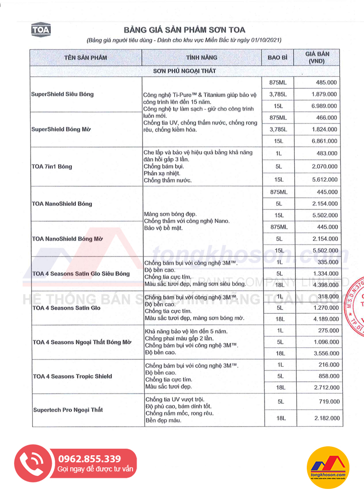 Bảng báo giá sơn Toa mới nhất hiện nay