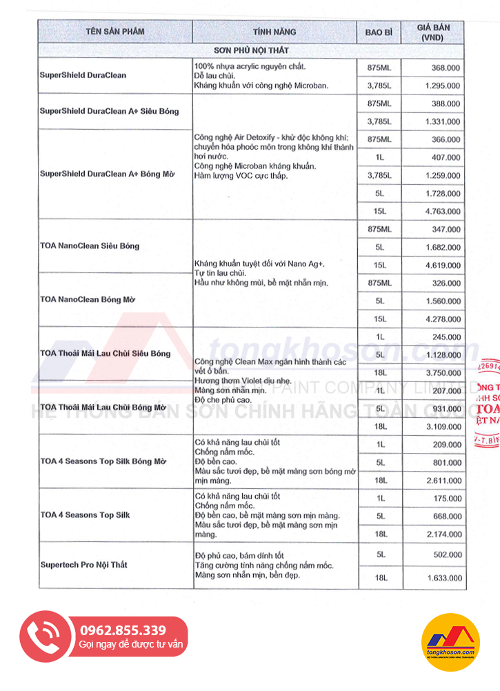 Bảng báo giá sơn Toa mới nhất hiện nay
