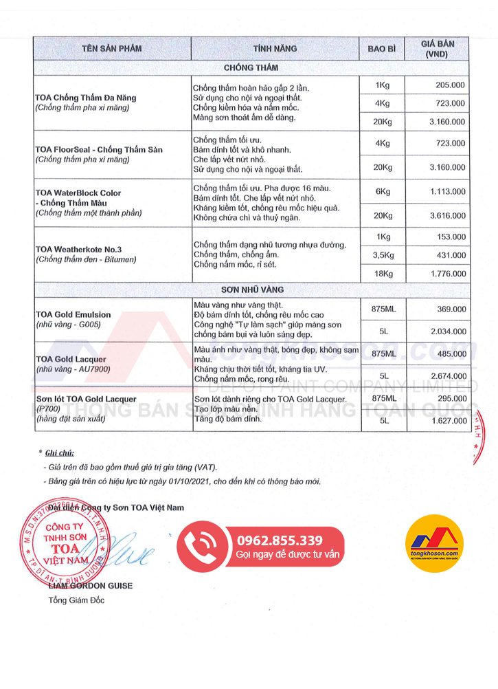 Bảng báo giá sơn Toa mới nhất hiện nay